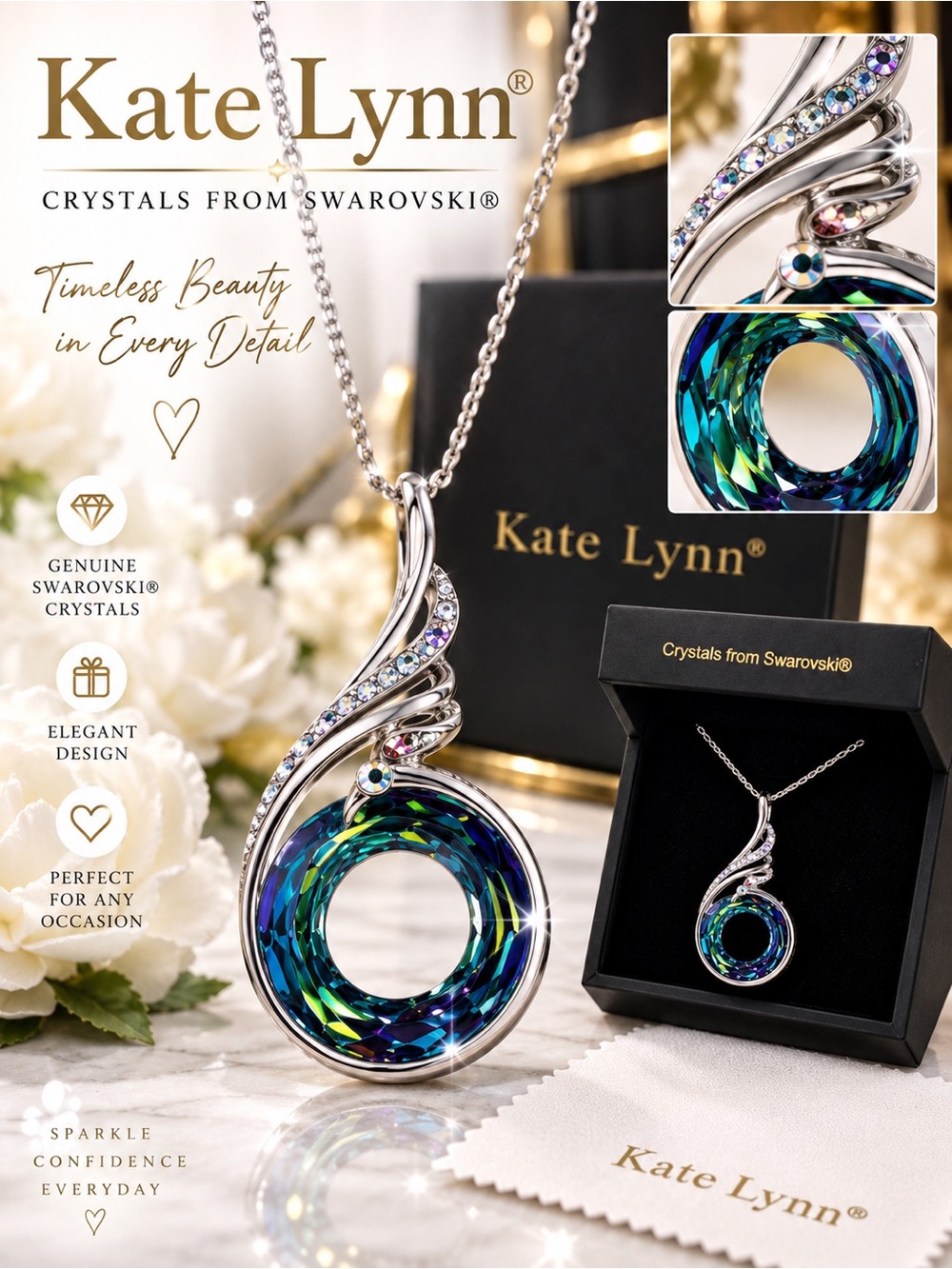 European Swarovski Crystals Sterling Sliver Blue-Green Women’s Pendant Necklace